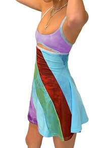 Vestido acampanado informal con tirantes para mujer, Vestido corto calado con cuello en U y contraste de Color a la moda, novedad de 2024 - Morado - Ver 2