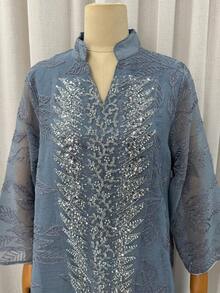 Solessence 女款亮片刺繡V領長袖A字洋裝，優雅派對婚禮穆斯林女裝，適合秋季 - 藍色 - 查看 8