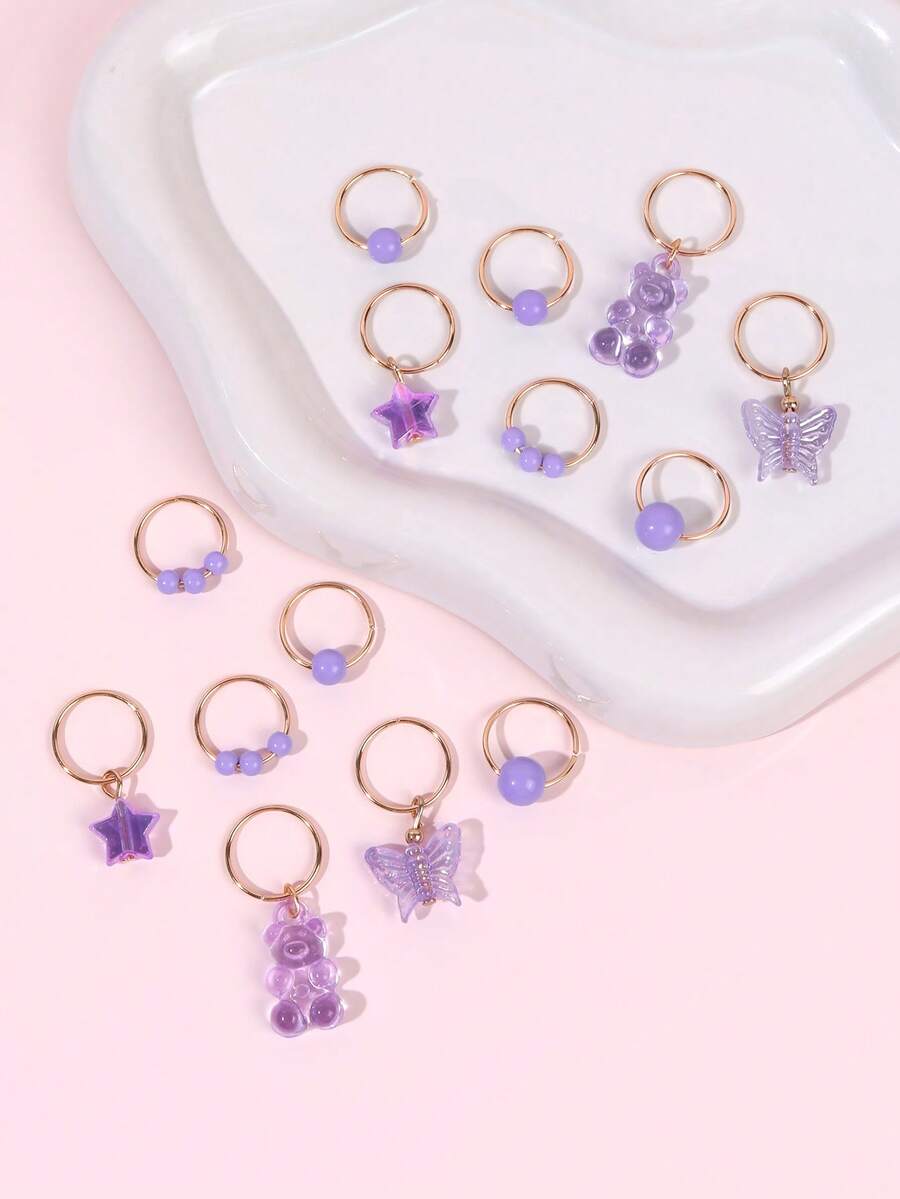 14 Peças Anéis de Cabelo com Urso/Borboleta para Mulheres, Delicados Mini Anéis de Trança de Cabelo com Estrelas/Decoração de Bola Redonda, Anéis de Cabelo Fofos e Doces, Acessórios de Cabelo para Festas Y2K, Viagens, Aniversário - Roxo - Visão 1