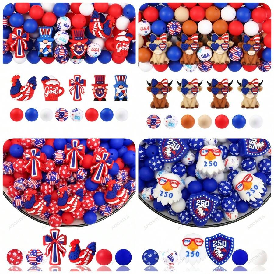 28/40/45颗独立日主题硅胶珠套装,包含小鸡、高地牛、十字架、老鹰、矮人等图案,纪念美国独立250周年,配有15毫米红色星星和美国国旗图案的珠子,蓝、红、白三色珠子组合,适用于钢笔装饰、手机壳装饰、手链或其他DIY手工配件。 - 紀念日組合 - 查看 1