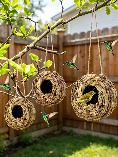 Tổ chim ruồi hình cầu đan thủ công - Tổ chim treo, thiết kế thủ công tinh xảo, thích hợp cho vườn, sân và bãi cỏ, cung cấp nơi làm tổ thoải mái cho các loài chim nhỏ.
