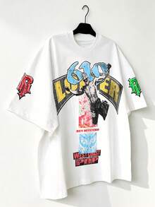 OVDY Vintage Street Boxing Illustration Print Oversized Loose T-Shirt, Music Festival Tee - White - View 2