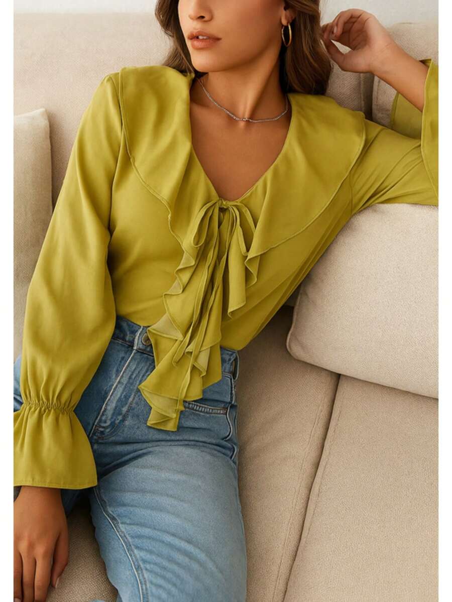 Blusa Elegante con Volantes en Cascada y Puños Elásticos. - Verde C8093 - Ver 1