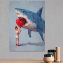 Cuadro plano 2D, Cuadro plano 2D, Una obra de arte plano 2D caprichosa con un tiburón y un corazón para el Día de San Valentín, diseñada en estilo silueta con colores azul y blanco. Perfecta para la decoración del hogar, ya sea en una pared o en una mesa. - Enmarcado - Ver 3