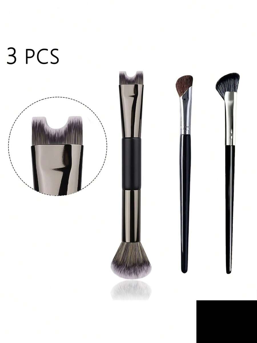 3 PCS Dual-End Nose Contour Brush For Makeup, 2-In-1 U-Shaped Contour Nose Brush, Fluffy And Angled Brushes Set For Sculpting, Defining, Highlighting And Blending - Dark Grey - View 1