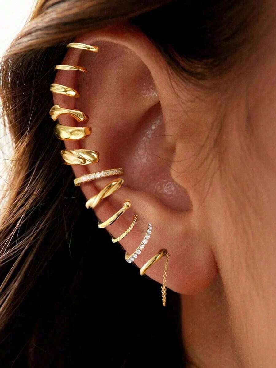 9pcs Simple Elegant Rhinestone Metal Geometric Ear Cuff Earring Set, Suitable For Sisters, Couples, Vacation, Date, Daily, Party, Wedding, Christmas, Valentine's Day Gift - Yellow Gold - View 1