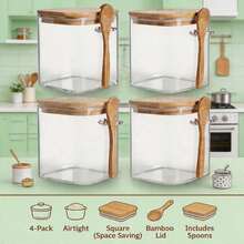 4-Pack Glass Canisters With Bamboo Lids, 800ml/1L Airtight Square Jars With Spoons, Stackable Clear Kitchen Containers For Coffee, Sugar, Tea, Spices, Dry Goods, Minimalist Pantry Countertop Organizer - View 11