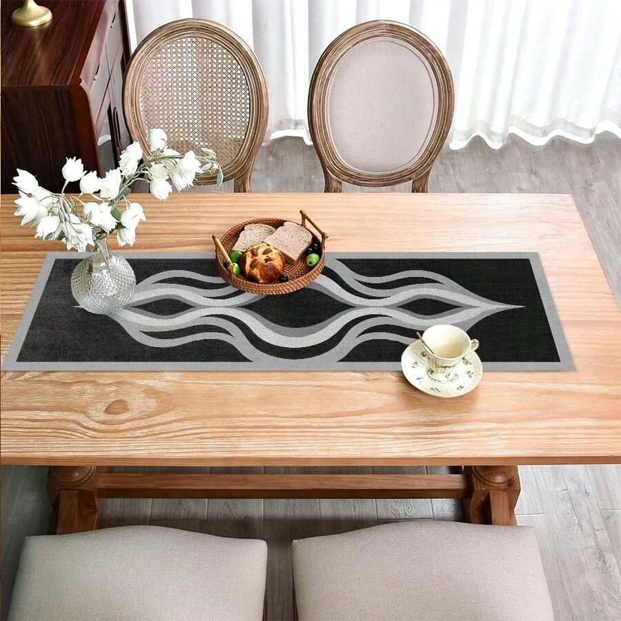 1 chiếc khăn trải bàn hình chữ nhật lớn, họa tiết sóng trừu tượng hiện đại, phối màu đen trắng xám, phong cách tối giản đương đại, trang trí nhà cửa, phù hợp cho các buổi họp mặt gia đình/trang trí trong nhà và ngoài trời/lối vào/bàn cà phê/tạo không gian phòng khách/nhà bếp/phòng ăn/quà tặng tự nhiên ngày lễ - Đen và trắng - Xem 1