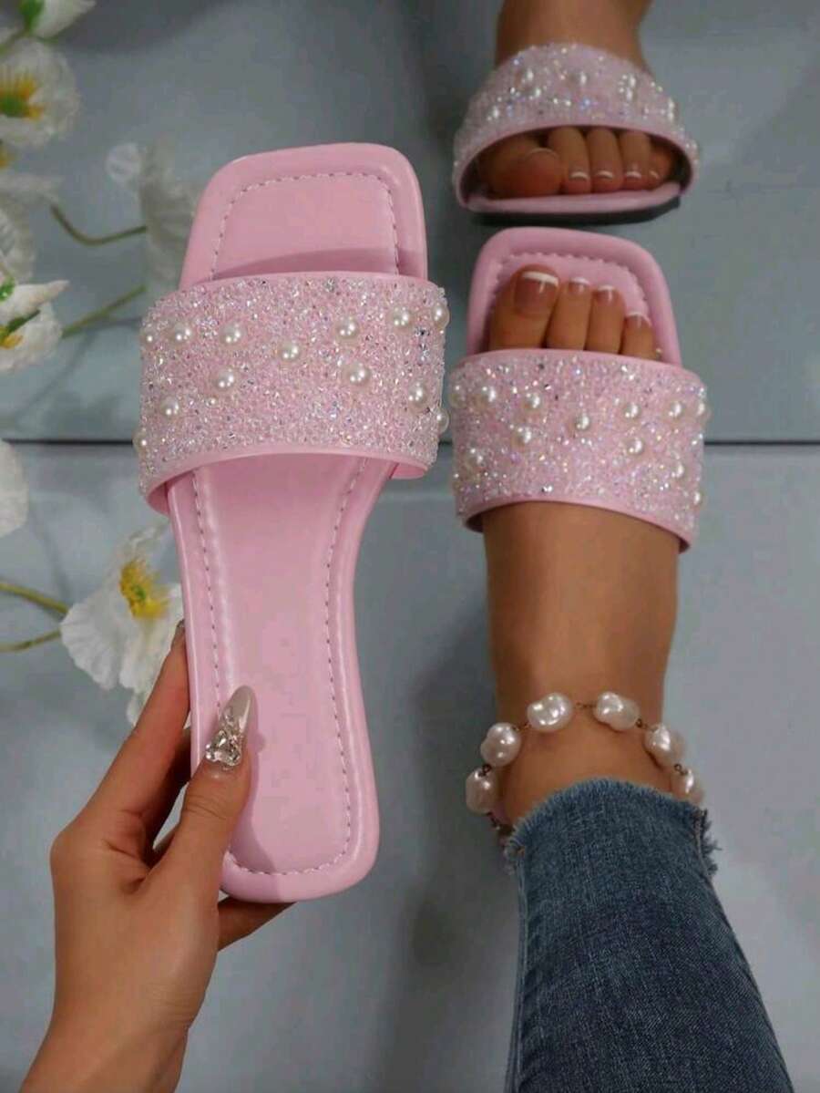 2026 New Flat Slide Sandals/Solid Color, Flat Design, Shiny Vamp, Exquisite Rhinestone Decor, Slip-On Style, Easy To Clean, Elegant & Refined, Fashion Versatile, Suitable For Daily Wear, Shopping, Dating, Vacation, Travel