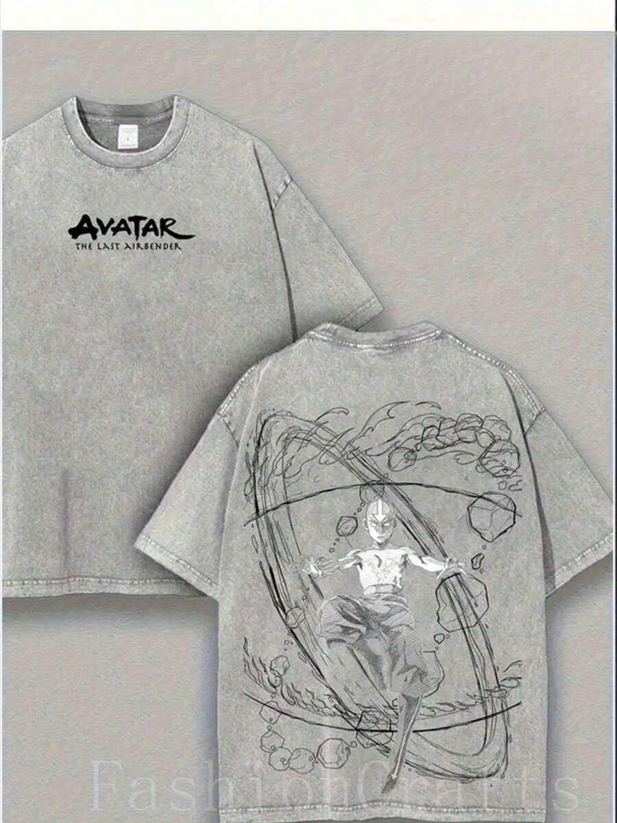 Y2K Style, Directional Printing, Cotton-Shirt - Soft, Breathable,% Cotton FabricWinter Clothes Women Graphic Tees Men Retro Vintage Limited Aang - Last Nomad - Anime Double Printed Washed Tee Unisex Oversize Anime Manga Washed Lightweight Cotton-Shirt, Anime Fan, Anime Lover Men Clothes HalloweenCasual Short-Sleeve-Shirts Men And Women - 灰色 - 查看 1