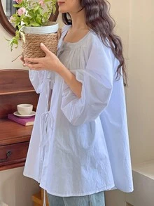 YIU 女款時尚淺藍色收腰上衣，主教袖設計，綁帶細節，長袖無彈力梭織面料 - 淺藍色 - 查看 4