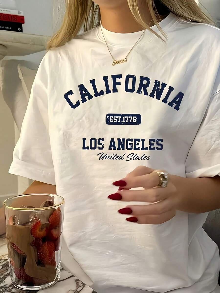 1pc Women' S California Los Angeles Print White TShirt, Crew Neck, Casual Cotton Tee Medium Stretch Knit Fabric, Regular Fit For Female Ladies For Spring/Summer/Fall - 白色 - 查看 1
