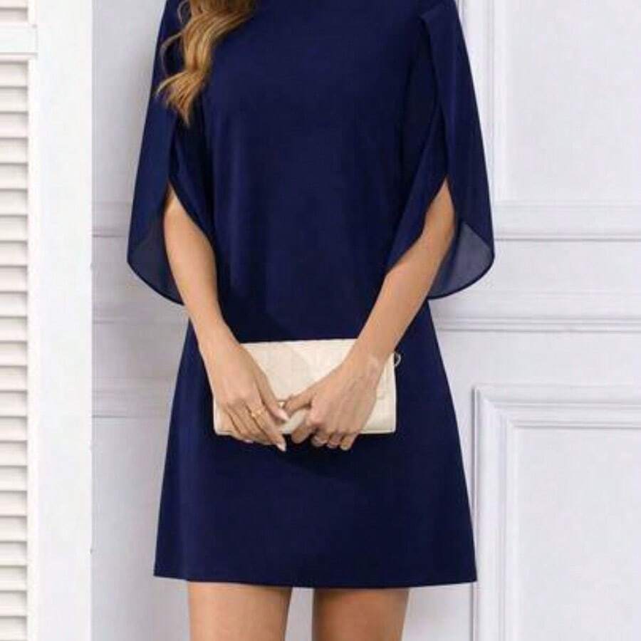 Women's Solid Color Round Neck Cocktail Party Ruffle Sleeve High Waist Chiffon A-Line Casual Dress Spring Elegant - Azul - Ver 1
