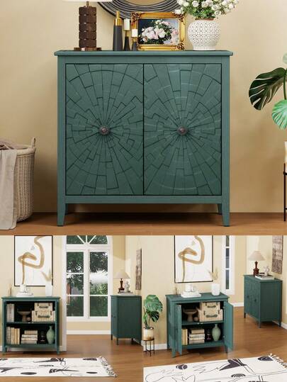 Vintage Sideboard Cabinet With Carved Roman Column Hand-Painted Green Hidden Storage Compartments, Reinforced Structure, Raised Base Easy Cleaning, Living Dining Room