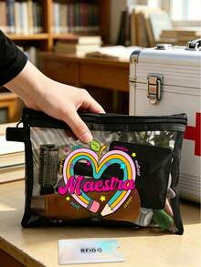 Lehrerin-inspirierter herzförmiger Bleistift-Muster Mesh Make-up Tasche, Kulturtasche, multifunktionale Aufbewahrungstasche, multifunktionale Einkaufstasche, wiederverwendbare Make-up Tasche, Reise-Kosmetiktasche, Kulturtaschentasche. Geeignet für Pendeln, Schule, Urlaub, Strand, Outdoor-Anlässe. Geeignet als Geburtstagsgeschenk, Muttertagsgeschenk, Lehrertag-Geschenk, Abschlussgeschenk, Einschulung-Geschenk - Verschiedenfarbig - Übersicht 6
