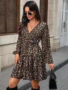 Vestido corto de manga larga con cuello en V y envolvente con estampado de leopardo para mujer, vestido con estampado de leopardo, vestido con estampado animal, vestido de leopardo, vestido de leopardo de manga larga, vestidos de otoño para mujer, vestido con estampado de guepardo - Multicolor - Ver 4