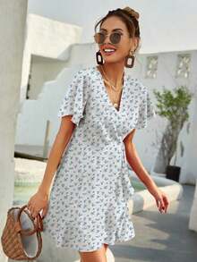 Vestido corte evasé con nudo lateral en color burdeos con estampado de lunares para mujer - Multicolor - Ver 3