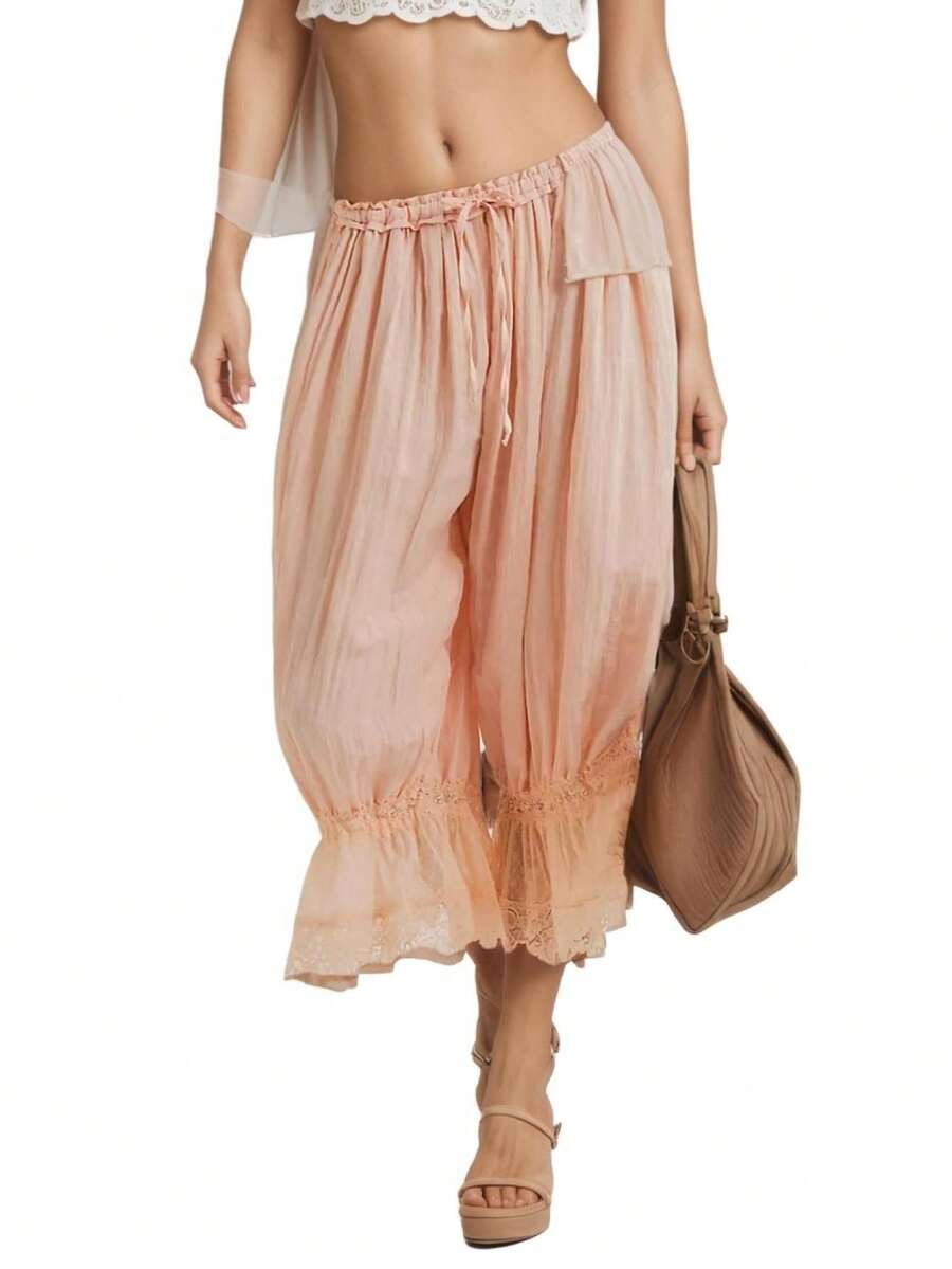 Women Y2K Half Slip Under Dress Pettipants Mid Rise Lace Patchwork Bloomers Trousers Ruffle Pantaloons Cropped Flared Pants Cute Pumpkin Long Pants - 香檳色 - 查看 1