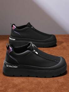 Men's Casual Sports Shoes, Outdoor Leather Shoes, Fashionable Zipper Low-Top Ankle Boots, Leather Boots, Casual Loafers, Non-Slip Sneakers, Fashion Thick-Soled Elevator Shoes, Retro Style Double Zipper Personalized Distressed Color Leather Shoes, Leather Low-Top Boots - Black - View 4