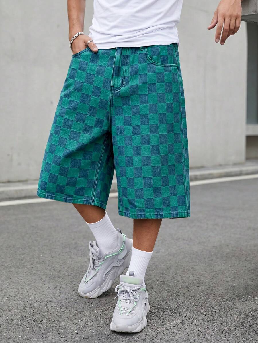Men's Casual Loose Plaid Denim Knee-Length Shorts, Retro Street Fashion For Spring & Summer - Blue - View 1