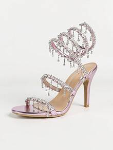 Women's Stiletto Heeled Sandals, Fashion Minimalist Strap With Rhinestone Snake Wrap Round Toe, Basic Style For Summer & Autumn - Baby Pink - View 16