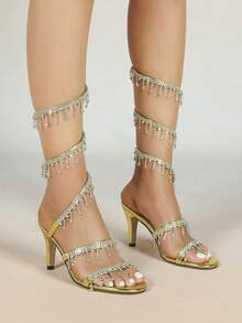 Giày sandal cao gót mũi nhọn cho nữ, kiểu dáng tối giản, quai đính đá lấp lánh, mũi tròn, thích hợp cho mùa hè và mùa thu. - Màu vàng - Xem 7
