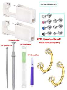 2 PIEZAS/8 PIEZAS Kit de perforación de orejas con pistola de perforación, kit desechable de perforaciones de orejas con aretes de espalda plana, kit de pistola de auto-perforación para el hogar, aros de herradura, aros con doble gema para el segundo orificio - Multicolor - Ver 16