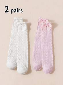 2 Pairs White & Pink Bow Knee High Socks, Heart Pattern Thigh High Socks, Versatile Style Suitable For All Ages - Multicolor - View 10