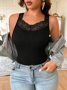 Camiseta sin mangas para mujer.Elegante top sexy con cuello de encaje floral.Prenda lisa para combinar en capas. - Negro - Ver 2