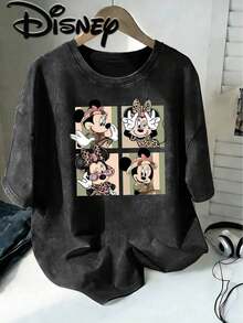 Disney Minnie Mouse Adventure Wind Leopard Print Wind Four Squares Cute Expression Creative Printing Design Sense  Oversized Fashion Old T-Shirt 2026 Spring And Summer Round Neck T-Shirt Style Retro Fashion Lovers Popular Style Old Round Neck T-Shirt. - 黑色 - 查看 1