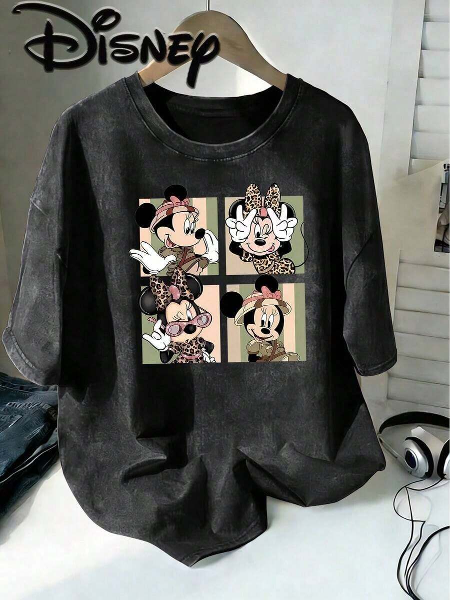 Disney Minnie Mouse Adventure Wind Leopard Print Wind Four Squares Cute Expression Creative Printing Design Sense  Oversized Fashion Old T-Shirt 2026 Spring And Summer Round Neck T-Shirt Style Retro Fashion Lovers Popular Style Old Round Neck T-Shirt. - 黑色 - 查看 1
