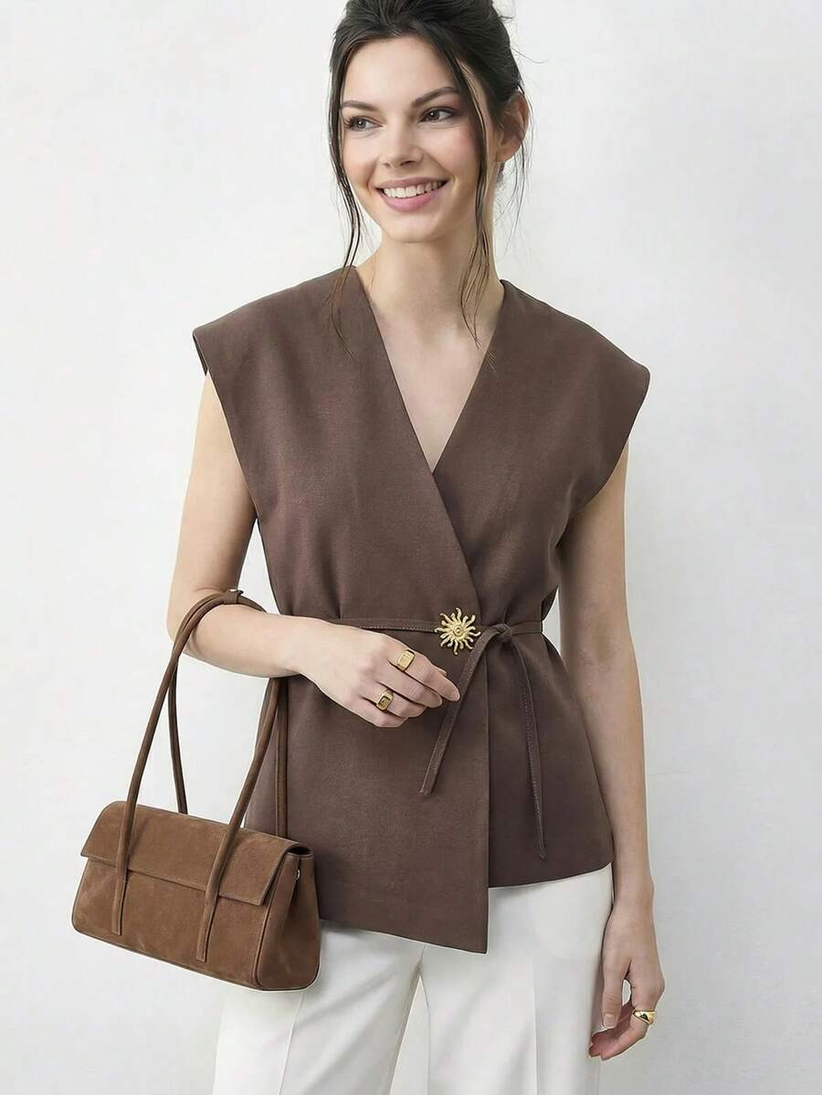 Women's Solid Color Metal Decor V-Neck Casual Versatile Daily Wear Vest Top - Rust Brown - View 1