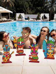 4 pièces Décorations en bois de totems, Décoration de fête thème hawaïen, Pièces centrales de table, Statues de totems, Convient pour la plage d'été, la piscine, le bar tiki et la décoration de fête - multicolore - Voir 6