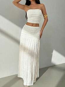Look Polly Women's Summer White Textured 2-Piece Set, Bandeau Top Paired With Mid-Waist Casual Maxi Skirt, Beach Vacation Style - White - View 5