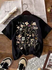 Howell Multifunctional Short Sleeve T-Shirt With Fashion Print, Lovely Casual Floral Print Round Neck T-Shirt For Women, Summer Holiday Top 100% Cotton. - 黑色 - 查看 4