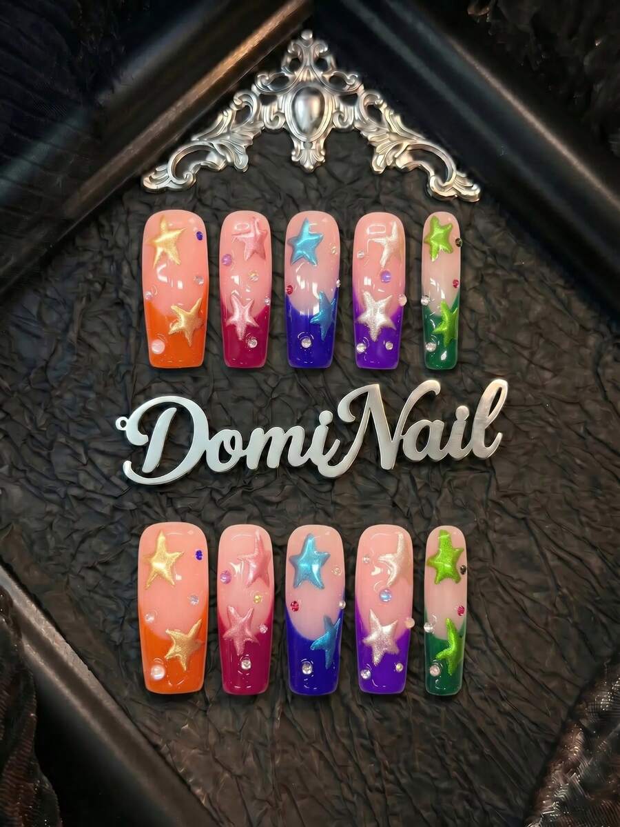 10pcs 1.3 Inch Handmade Press On Nails, Long Square Acrylic Press-On Nails With Colorful Star & Rhinestone Design, Reusable Y2K False Nails For Women - Nhiều màu - Xem 1