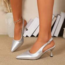 Women's 7cm High Heel Closed Toe Sandals, Black Pointed Toe Kitten Heel Elastic Strap Dress Shoes, Fairy Style - Silver - View 11