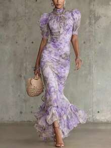 Women's Vintage Jacquard Maxi Dress With Flounce Sleeves And Asymmetrical Neck, Elegant Long Bodycon Floral Print Formal Mother's Day Outfit - 紫色印花 - 查看 10
