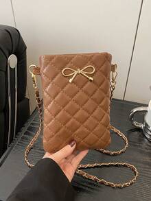 Mini Fashion Solid Color Quilted Small Bag With Diamond Grid Bow Hardware Decoration Chain Crossbody Bag, Suitable For Shopping, Wallet, Shopping, Young Women, College Students, Newcomers, And White Collars. They Are Very Suitable For Offices, Universities, Work, Business, Commuting, Outdoor Activities, Travel, And Outings - Brown - View 3