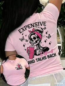 Women's Skull Print T-Shirt - An Avant-Garde Round-Neck Top Featuring A Butterfly And Star Pattern, With The Slogan "Expensive Talks Back," A Breathab - 粉色 - 查看 3