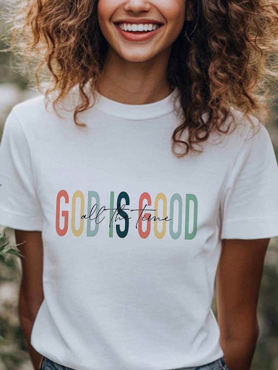 Dios es bueno todo el tiempo camiseta inspiradora - camiseta uni, vestido casual cómodo y elegante con letras coloridas audaces, cuello redondo, diseño de manga corta