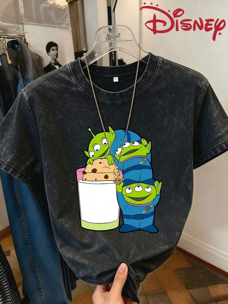 Disney Toy Story Three Eyed Boy Cartoon Printed Water Washed Cotton Round Neck Loose Short Sleeve T-Shirt, Y2K Style, Youthful Design, Suitable For Daily, Street, Outdoor, And Party Wearing. - màu đen - Xem 1