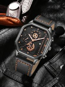 1件，男士简约黑色表盘石英表，带日期显示功能，PU表带和方形表壳 - 电池供电模拟指针手表，适合商务、办公和休闲场合佩戴，是理想的礼物。 - 彩色 - 查看 5