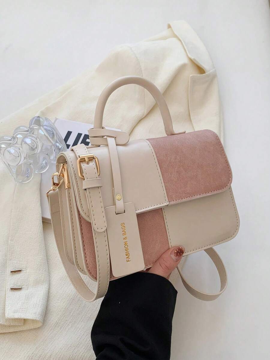 Square Dual-Color Handbag Accessory, Fashionable Patchwork Texture Handbag, Commuting Stylish Shoulder Crossbody Bag, Small Square Bag, Women's Bag With Patchwork Texture Personalized Contrast Color Flap Small Square Ladies Bag Retro