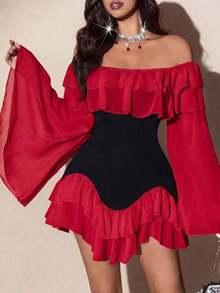 Vestido mini de manga larga con volantes y mangas acampanadas, de talla grande, elegante, romántico y sexy, con parches en blanco y negro, de gasa fluida y con hombros descubiertos, para primavera/otoño - Multicolor 3 - Ver 4