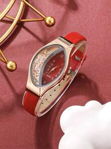 6pcs/Set Minimalist Elegant Women's Quartz Watch Set, Including A Vintage Burgundy Luxury Accessory Set: 1pc Small Women's Quartz Watch With Burgundy Dial And Red Leather Strap, Diamond Stud Earrings, Pendant Necklace, Ring, And 1pc Women's Leather Wallet - Red - View 2