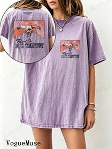 Unisex Washed Distressed T-Shirt Cotton Blend Casual Oversized Tee. Women'S Vintage 192s Retro Skull & 9'S Country Graphic T-Shirt - Double-Sided - 紫色 - 查看 6