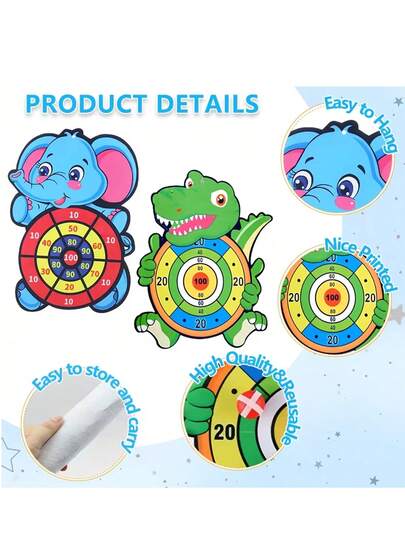 Set de 5 piezas Tablero de dardos con bolas adhesivas, diseño de elefante y dinosaurio de dibujos animados, punta blanda, juguete interactivo para interiores y exteriores