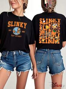 Disney Women's T-Shirt, Ladies' Summer T-Shirt With Round Neck And Short Sleeves, Breathable Casual Shirt, "Toy Story" Slinky Dog Retro College Style Printing, Machine Washable, Casual Shirt T-Shirt, New Ladies' Spring And Summer Shirt, Suitable For Summer Wear, American Retro Style, Gift Recommendation. - màu đen - Xem 1