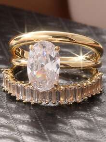 3pcs Set Elegant Stackable Rings With Sparkling Cubic Zirconia, Engagement/Wedding Rings, Luxury Jewelry For Formal Occasions - Gold - View 13